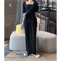 데일리 스퀘어넥 퍼프 반팔 와이드 점프슈트