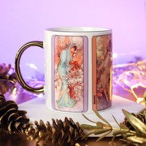 알폰스무하 선물용 머그컵 시리즈 (8종 중 택1) 예쁜 감성 머그잔 380ml 명화 골드 커피잔 골드링 앤틱컵, 8.사계, 1개