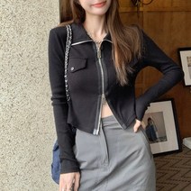투웨이 지퍼 집업 골지 스판 가디건 여성 크롭 숏 긴팔