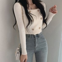 코지 여자 더블버튼 스퀘어넥 크롭 숏 니트 가디건