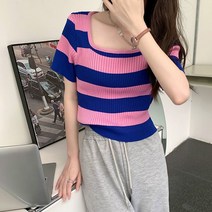 셀럽하우스 여대생 20대 단가라 컬러풀 크롭 반팔 니트티 캐쥬얼