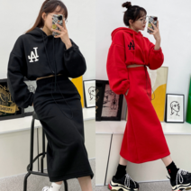 엘샾 겨울 트레이닝 치마세트 후드 크롭 기모맨투맨 기모 롱스커트 세트