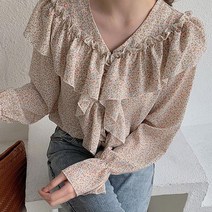 가을블라우스 쉬폰 프릴 블라우스 잔잔한 꽃무늬 소매 밴딩 데이트룩