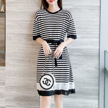 코카마니 여성 소재 믹스 플리츠 라운드넥 스트라이프 반팔 단가라 원피스