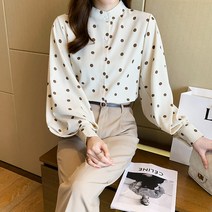 넷투넷코리아 여성 터틀넥 쉬폰 루즈 퍼프소매 도트 블라우스 셔츠