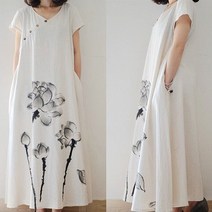 빅사이즈 린넨 반팔 롱원피스 40대 루즈핏 브이넥 맥시 원피스 중년여성의류