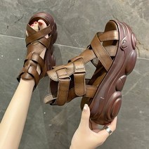 통굽샌들 여름샌달여성새로운 플랫폼 샌들 여성 단추 캔버스 학생 멋진 현대 7cm 높이 증가 발 뒤꿈치 두꺼