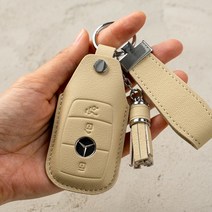 블링디어 (키케이스+스트랩키링+가죽테슬) 차량용 자동차 스마트 가죽 차 키커버 키링 키홀더, 23.기아 신형 4버튼/5버튼 겸용(원격시동), 키케이스+스트랩키링+가죽테슬(크림베이지)