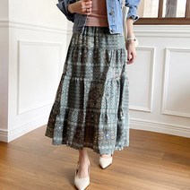 데일리앤 카이븐 여성 에스닉 밴딩 캉캉 쉬폰 플레어 롱 스커트