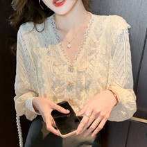 Ogfaour 프렌치 페플럼 브이넥 블라우스 상의 여성 겨울 가을 고급 보이핏 볼륨 시크 슬림 이너티셔츠 xinquan9655