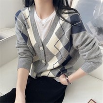 여성 캐쥬얼 정장 아가일 브이넥 니트 가디건