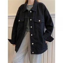 봄 코튼 크롭 숏 데님 포켓 캐주얼 카라 자켓 Syiwidii Jean Jacket 패션 오버 사이즈 루스 코트 턴 다운 칼라 아우터 블루 블랙