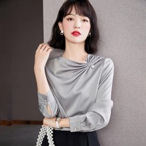 WHR 여성용 실키 블라우스 티 진주 포인트 셔링 긴팔 남방셔츠 심플 오피스 봄가을