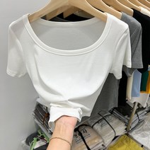 스크류 쇄골 사각넥 티셔츠 여 반팔 여름 서양식 밑단 언밸런스 시크상의