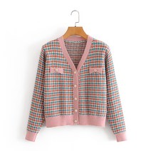 아이엠몽 여성 태터솔 체크 포인트 금장 단추 버튼 배색 가디건 바티어