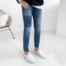 배색 페인팅 청 스판 데님 디스트로이드 슬림핏 청바지(1color)