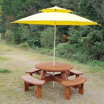 (테이블공장) 원목 원형테이블 파라솔 고정대 세트, 밤색+파라솔파랑+고정대