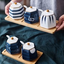 양념통 정리대 세트 도자기 소스통 조미료통 우드 일본 조미료 항아리 세라믹 주방 가정용 소금 글루타민산 나트륨 칠리 오일 상자 병 조합, 블루그래스 빅벨리 시즈닝 용기