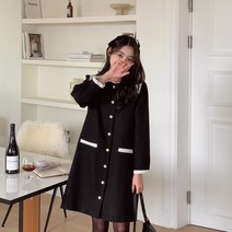 레몬플레버 투웨시 울 진주 버튼 카라 트위드 원피스