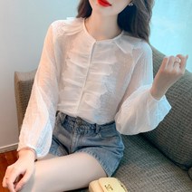 프렌치 시크 라운드 기질 프릴 긴팔 블라우스 선블라우스 상의