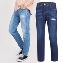 남성 영캐주얼 스크래치 데님 면 스판 밴딩 사계절 청바지 WS-JEA-PT62-D블루