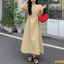 잇츠스타일 [L-4XL] 퍼프 스퀘어넥 복고풍 땡땡이 베이지 도트 반팔 여름 원피스