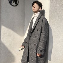 키작은남자코트 겨울 모직 롱 오버핏 체크무늬 더블카라 A02