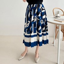 배색 패턴 플리츠 플레어 피아노 주름 밴딩 롱스커트