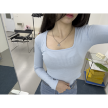 [이데알레] [4계절 고퀄리티] 스퀘어넥 골지 굴림 티 스카이