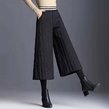여성 블랙 7부 부츠컷 세로 누빔 와이드레그 패딩 바지 허리밴딩