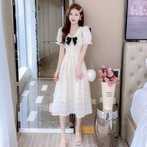 5월결혼식하객룩 상견례옷차림 브이넥 퍼프 소매 a라인 브이넥 프릴 리본 쉬폰 데이트 바캉스