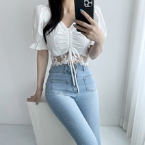 하트넥 레이스 스트링 셔링 퍼프 크롭 블라우스 2컬러