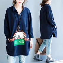 큰언니 여성 봄 가을 가필드 8부소매 네이비 롱 티셔츠 BS01839#