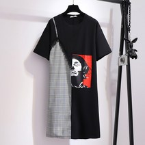 도오빠 테이코 여성 빅사이즈 원피스 미니 라운드넥 반팔 티셔츠 프린팅 페이크 투피스 드레스 여름 ~6XL 여자원피스