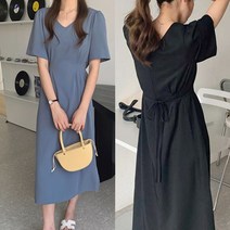 심플 브이넥 롱 원피스 러블리 퍼프 소매 여름 반팔