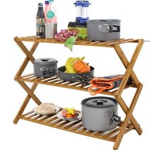 GLOU 캠핑 3단 접이식 폴딩 우드 쉘프 선반 정리대 쿨러스탠드, 70-3단