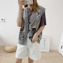 브이넥니트가디건 가을 오버핏 상패 자수 클래식 브이넥조끼 민소매 그래피티 낙서 아동취향 겹겹이 입기 2891639398
