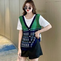 예쁜 패턴 비비드 니트 오버 핏 데일리 여름 티 셔츠