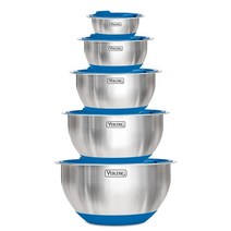 VIKING Culinary 스테인리스 스틸 믹싱 볼 세트 10피스 미끄럼 방지 실리콘 베이스 밀폐 뚜껑 포함 식기세척기 사용 가능 블루, Blue