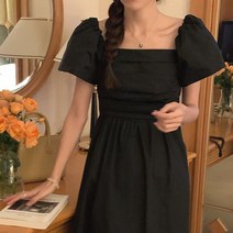 잇츠스타일 여성 스퀘어넥 유니크 퍼프 주름 단색 A라인 반팔 롱원피스