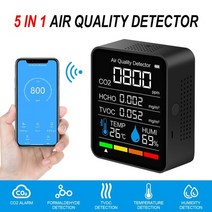 실내 공기질 측정기 오염도 유해물질 전문 측정 감지기 5 in1 co2 meter 디지털 온도 습도 테스터 이산화탄소 tvoc hcho 공기 품질 모니터, 5 in 1 블랙