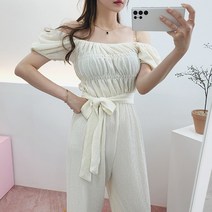 비니케이즈 무배 와플 스퀘어넥 스모크 밴딩 롱 점프수트 휴양지 바캉스 오프숄더 와일드 통바지 4컬러