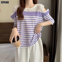 DFMEI 라운드 패치 소매 스트라이프 니트 여 오프숄더 반팔 상의