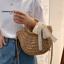 여성 미니 가방 데일리백 2컬러 왕골 라탄 토트백 리본 포함 휴가가방 패션가방 엘레강스 네트백 바캉스