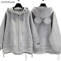 JUSTFEELING S-3XL 캐주얼 와이드핏 기모 캐릭터 여성 후드집업 운동복 상의 보온 방한 자켓 코트 간절이