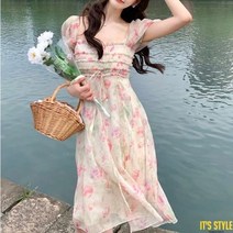 잇츠스타일 [L-4XL] 쉬폰 퍼프 소매 플라워 슬림 반팔 원피스