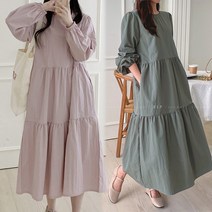8896 (국내산) 캉캉 플레어 롱 원피스 셔링 라운드넥 프릴 여성 봄 여름 나일론
