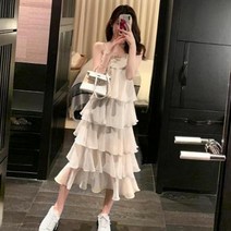 아리썬 여성 캐주얼 봄신상 프릴 캉캉 민소매 끈 나시 롱 원피스