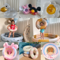 유아 어린이 성인 물놀이 보행기 튜브 풀장 모음 오리 데이지 미니 미키 아이스크림, 링튜브-아동-블루60cm