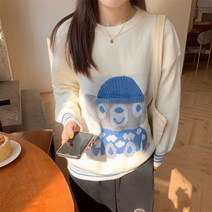 추동 학원풍 곰돌이 핸드메이드 모자 디자인 패턴 스웨터 겉옷